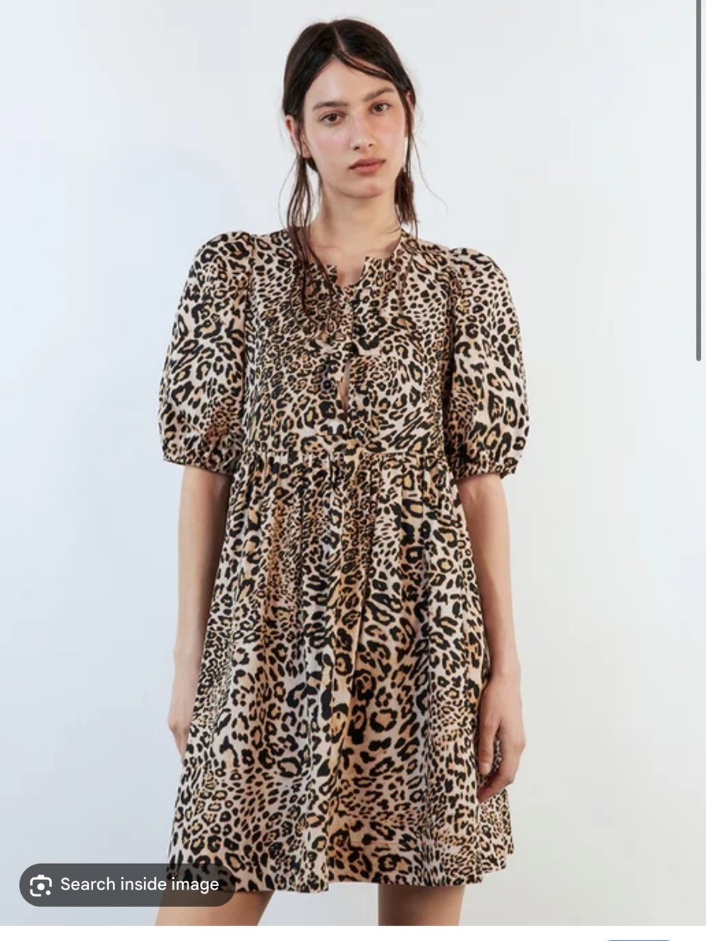 100% cotton Leopard Print Mini Dress with Puff Sleeves - Tan